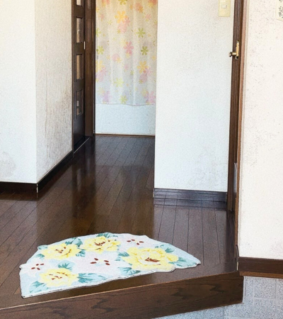 カビだらけの玄関と古びた玄関マット