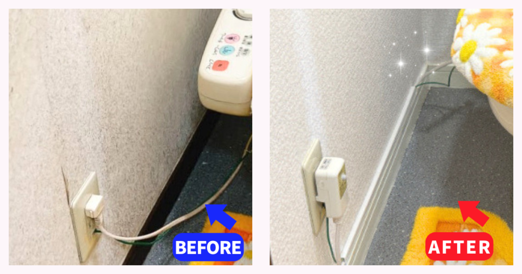 築25年のカビだらけのトイレの壁紙と壁紙リフォームで明るききれいに変わった壁紙のビフォーアフターの2枚の写真