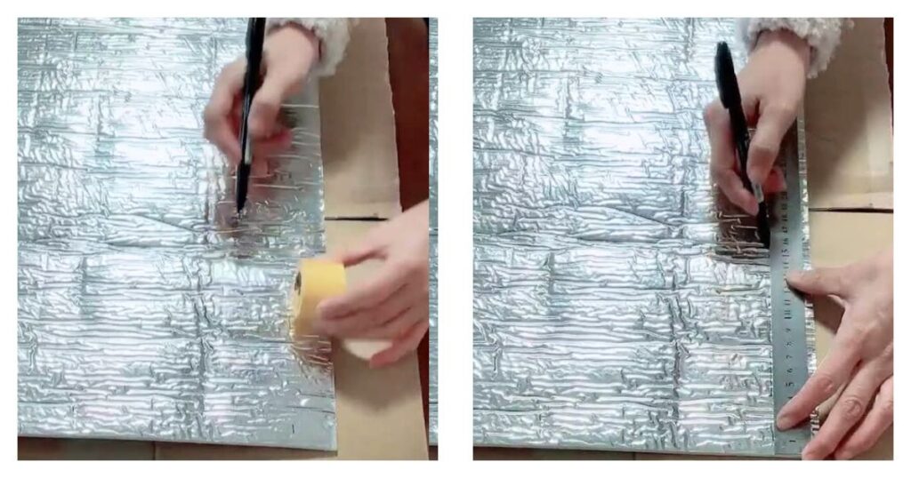 ２枚の画像です。タイルシートの裏面にマスキングテープをあてマジックで印を付けている画像と付けた印と印を定規を使って線でつないでいる画像。