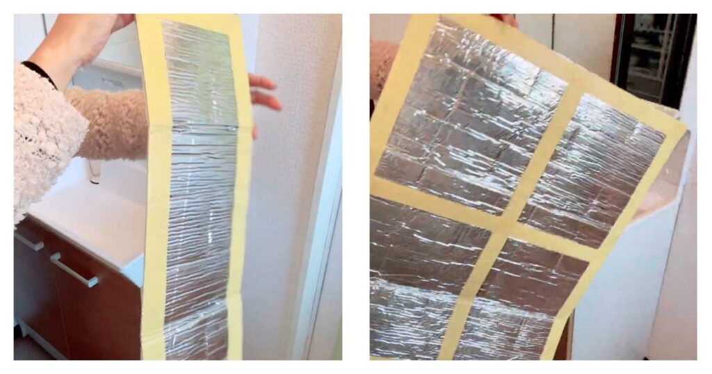 黄色のところだけが接着面だとわかるタイルシート裏にマスキングテープ（黄色）が貼ってある画像。