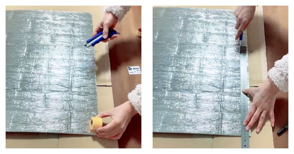 タイルシートの裏側に定規を当て、マジックで書かれた線を目安にカッターで軽くフィルムのみを切っている様子。