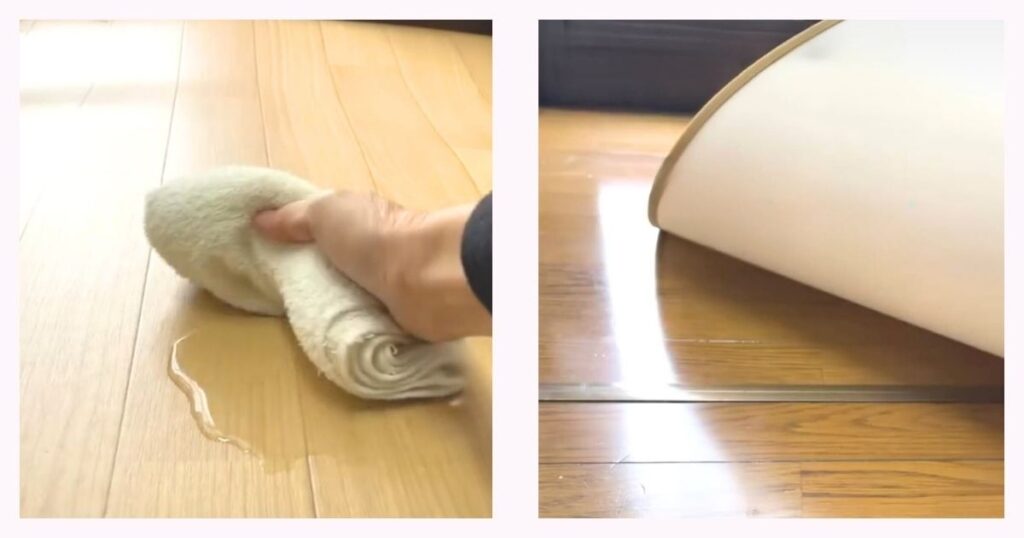 ２枚の画像です。撥水マットに水がこぼれて、タオルで拭いている実際の画像と撥水マットをめくって水がしみないのでフローリングは安心だと言うことを確認している実際の画像です。