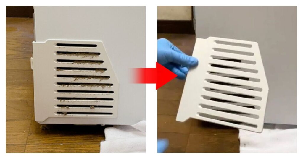 ホコリだらけの冷蔵庫の排気口と掃除をしてきれいになった排気口のビフォー、アフターの画像。