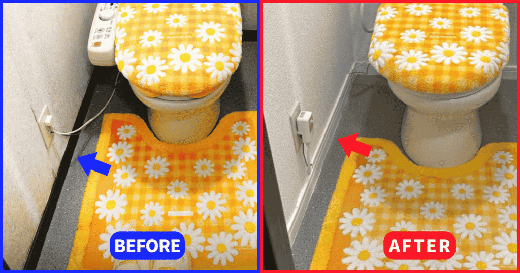 カビだらけの黒ずんだトイレの壁と壁紙リフォーム後の真っ白なキレイな壁のビフォーアフターの2枚の画像。