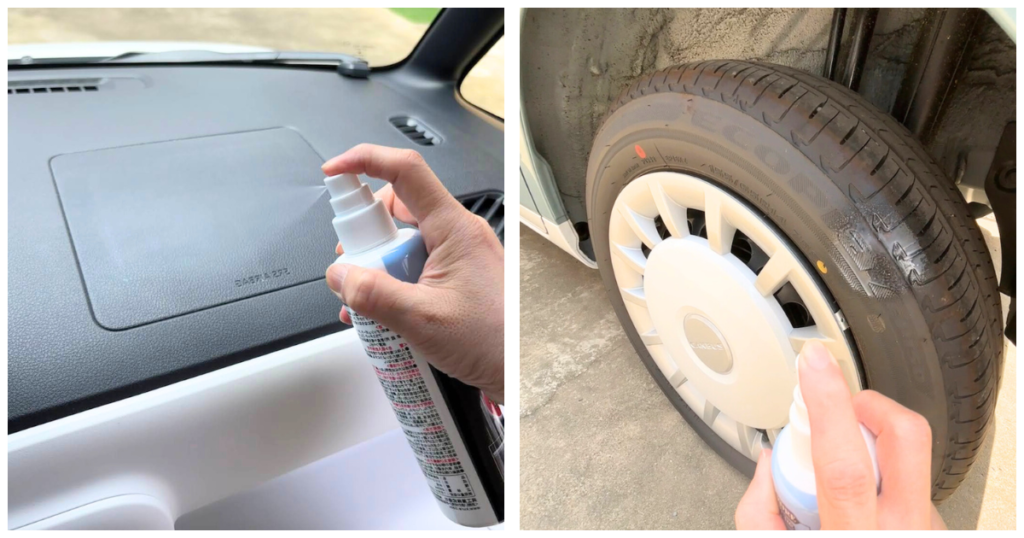 クレポリメイトを車のダッシュボードやタイヤにスプレーしている様子