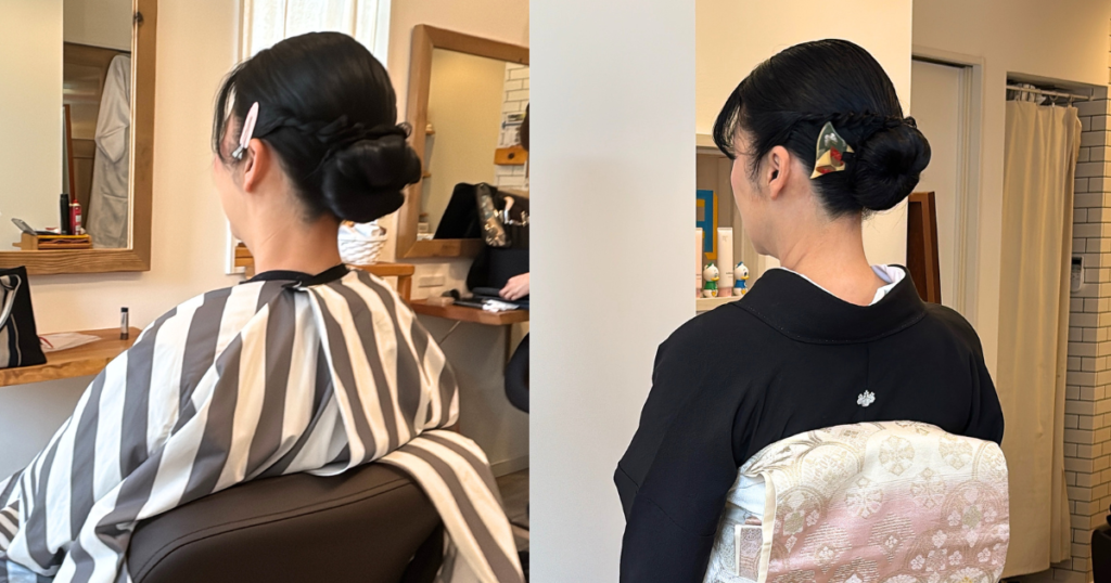 近所の美容室で着付け・ヘアセット・メイクまで全て完成した様子